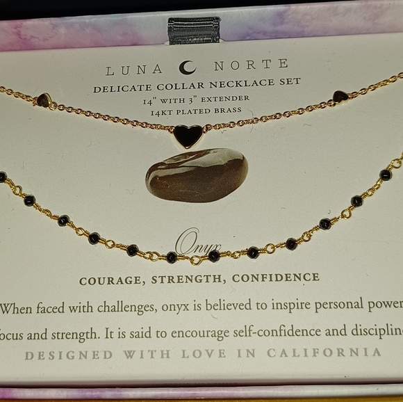 2 pc Luna Norte Moon double Layer Necklaces BLACK ONYX HEART Link Chain Gold NWT - Picture 3 of 5